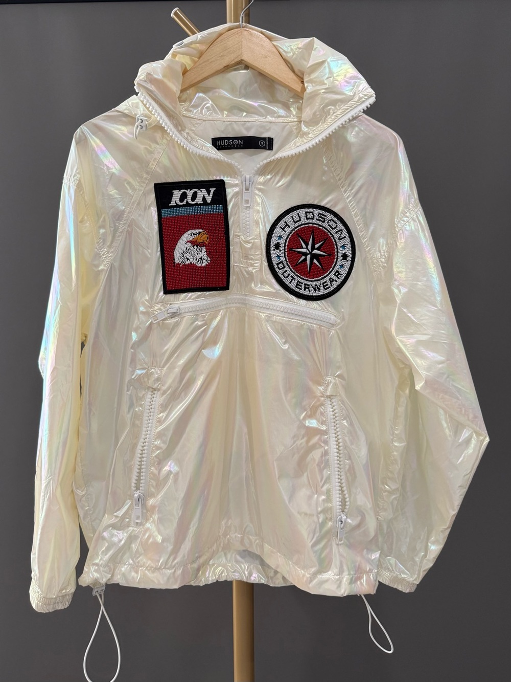 Hudson Outerwear ICON Iridescent Anorak Jacket White Hooded Size S